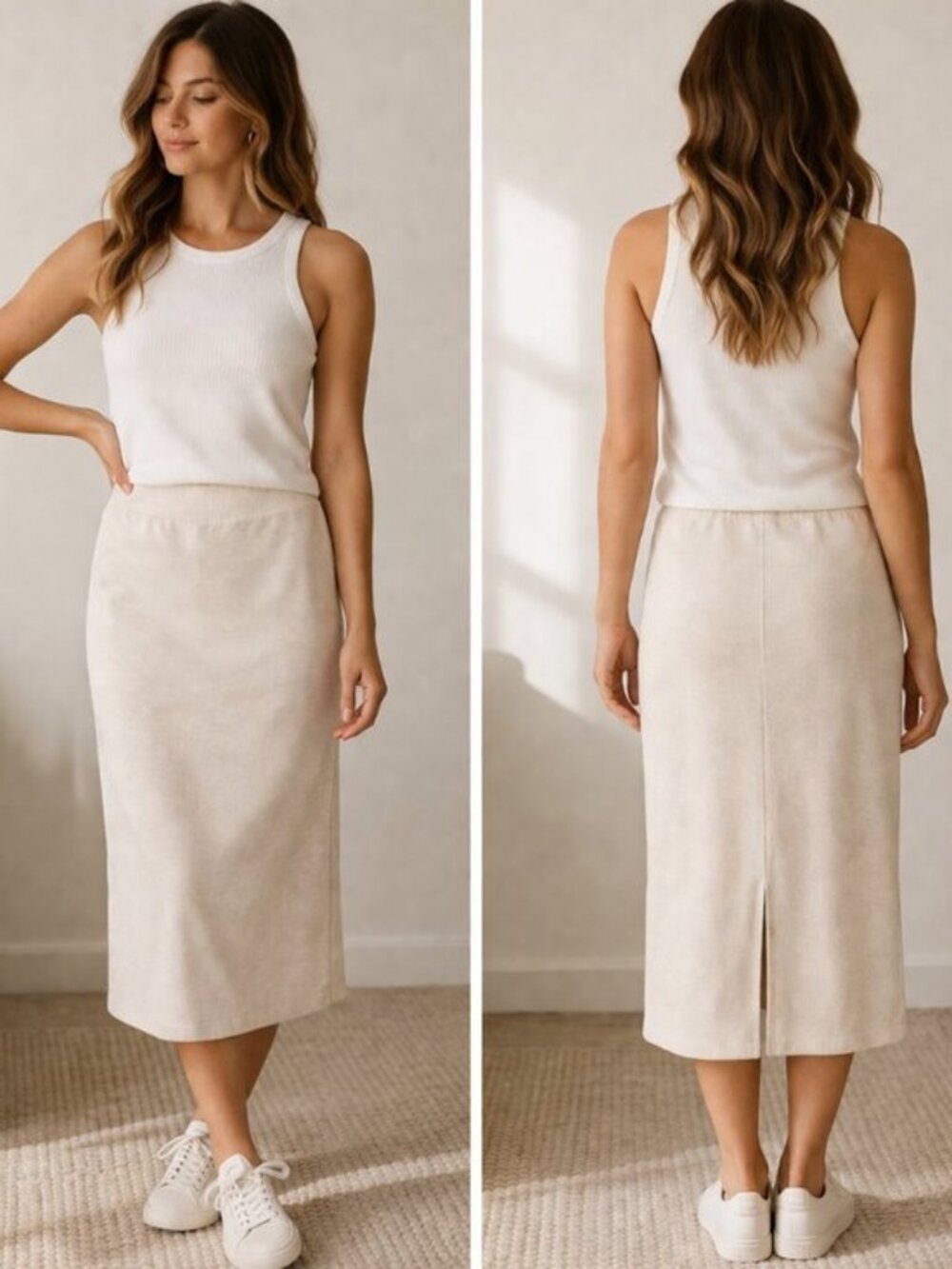 J.Jill Stretch Midi Skirt Ivory Cotton Elastic Waist Casual Capsule Sz Small